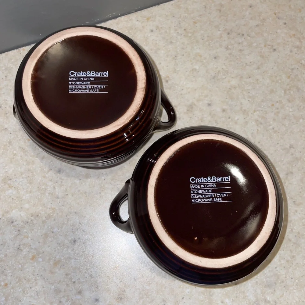 CRATE & BARREL Set of 2 Brunswick Stoneware Chili Soup Bowl Crock 2 Handles